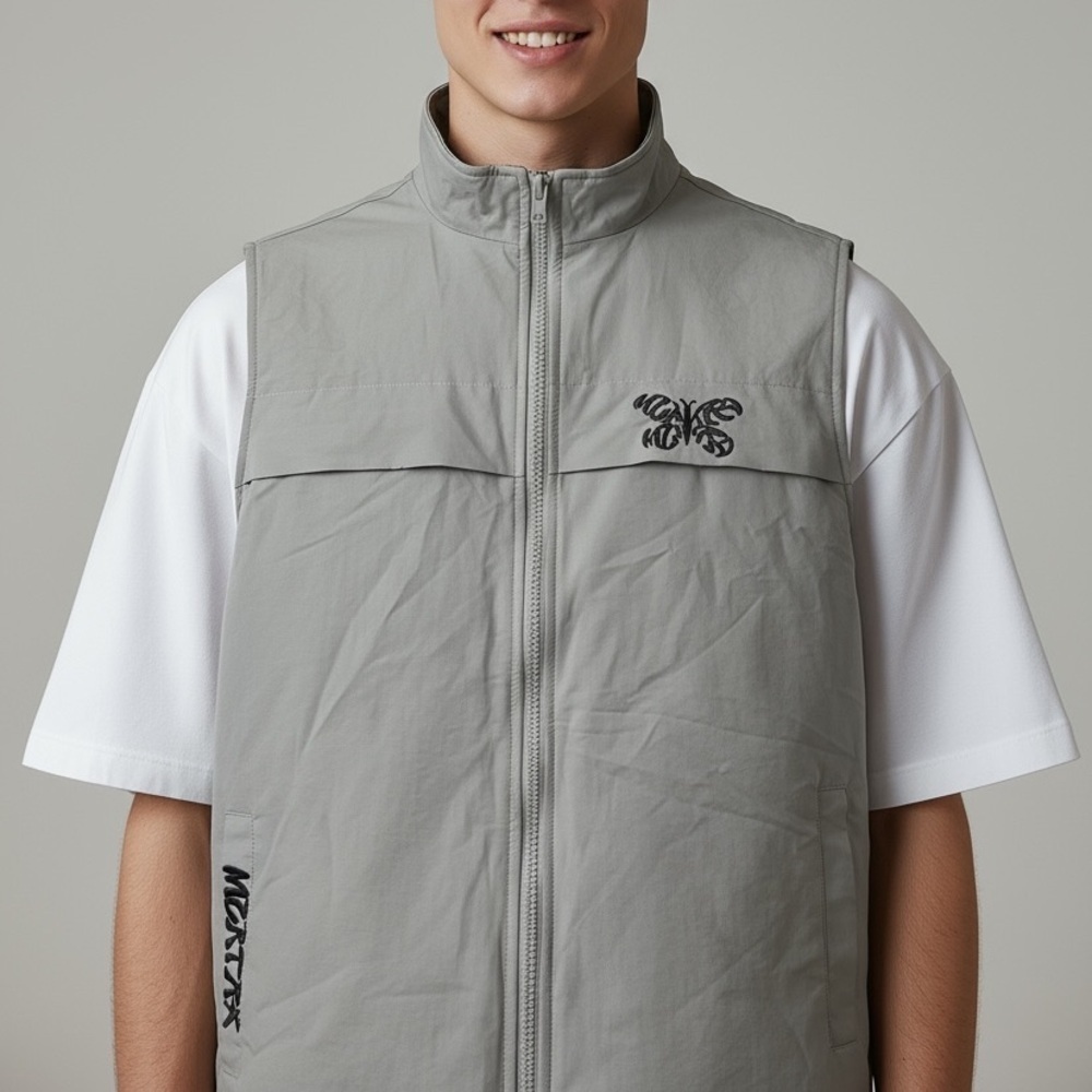 [M] Mertra Reversible Vest Gray Brown Sleeveless Embroidered Logo